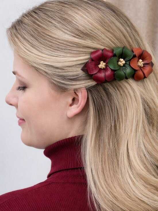 Handmade Leather Fall Multicolor Floral Hair Barrette | Colombian Artisan Clip main image 8